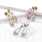 Pair of 316L Surgical Steel Shell-Filled Stud Earrings with Dangling Hollow Teardrop and Enclosed CZ