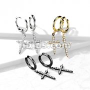 Pair of 316L Surgical Steel Hoop Earrings with CZ Paved Celtic Cross Dangle