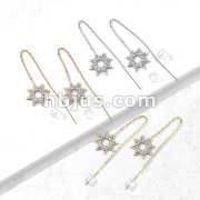 Pair of 316L Surgical Steel Free Falling Threader Earrings with Crystal Paved on a Snowflake 