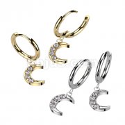 Pair of 316L Stainless Steel Hinged Hoop Earrings With CNC CZ Crescent Moon Dangle