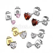 Pair of 316L Surgical Stainless Steel Stud Earrings With Prong Set Heart CZ