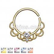 CZ Set Centered Filigree Bendable Hoop Rings for Nose Septum, Daith and Ear Cartilage