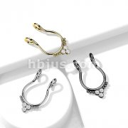 316L Fake Septum Ring with 3 Round CZ Flat Balls and Beads on Each Side