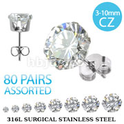 80 Pairs of 316L Surgical Stainless Steel Stud Earring with Assorted Size Round Clear CZ (10pairs x 8 gem sizes)