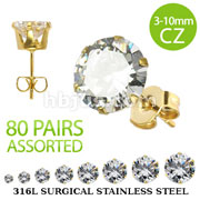 80 Pairs of Gold Plated 316L Surgical Stainless Steel Stud Earring with Assorted Size Round Clear CZ (10pairs x 8 gem sizes) 