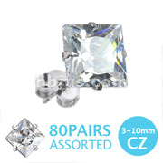 316L Surgical Stainless Steel Stud Earring with Princess Cut Square Clear CZ 80 Pairs Pack (10pairs x 8 sizes, 3mm~10mm) 