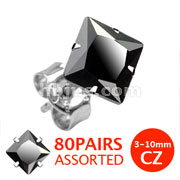 316L Surgical Stainless Steel Stud Earring with Princess Cut Square Black CZ 80 pairs Pack (10pairs x 8 sizes, 3mm~10mm) 