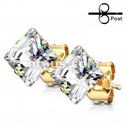60 Pairs PVD Gold Over 316L Stainless Steel Ear Stud Ring with Mixed Size Square CZ Bulk Pack (10 pairs x 6 Sizes)