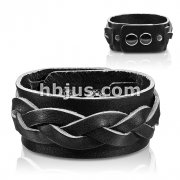 Black Leather Bracelet with Wide Weave Strips