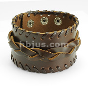 Brown Leather Wide Weaved Bracelet with Adjustable Snap Closure