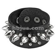 Black Leather Multi Cone Studs Bracelet with Adjustable Snap Closure