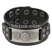 Black Leather Bracelet with Royal Shield Buckle with Studs