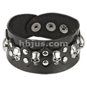 Black Leather Bracelet with Multi Skulls and Round Studs with Spike Center Design