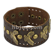 Brown Leather Bracelet with Flying Eagle and Round studs