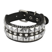 Black Leather Bracelet with Multi Row Pyramid and CZ Studs