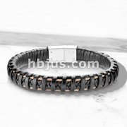 High Quality Black Micro Fiber Leather and PVD Rose Gold Stainless Steel Mens Bracelets