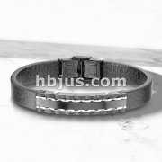 High Quality Flat Black Micro Fiber Leather and Black PVD Plate Stainless Steel Mens Bracelets
