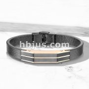 High Quality Flat Black Micro Fiber Leather and Rose Gold PVD On Black Stainless Steel Mens Bracelets