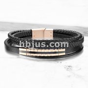 High Quality Multi Strand Black Micro Fiber Leather and Rose Gold PVD Stainless Steel Mens Bracelets