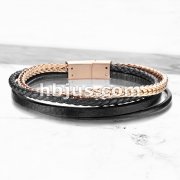 High Quality Multi Strand Black Micro Fiber Leather and Rose Gold PVD Stainless Steel Chain Unisex Bracelets
