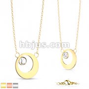 Round Plate with Round Crystal in Hollow Circle Stainless Steel Pendant on Chain Necklace