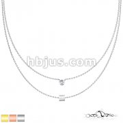 Bezel Set Gem and Cube Pendant on Double Layered Stainless Steel Chain Necklace