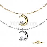 Crescent Moon Pendant With Prong Set CZ Stainless Steel Chain Necklace 