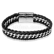Steel Chain Centered Leather Bracelet with Large Engravable Slide In Clasp