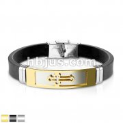 Cross Embossed Steel Plate With Silicon Rubber Strap Bracelet