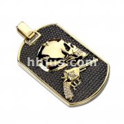 Gold Plated Revolver Pistol Gun and Skull with CZ Accents Dog Tag Stainless Steel Pendant