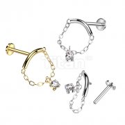 Implant Grade Titanium Internally Threaded Labret With Chain Linked Curved Bar and CZ Dangle Top