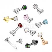 Implant Grade Titanium Internally Threaded Heart Base Labret With Prong Set CZ Top