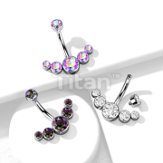 Implant Grade Titanium Internally Threaded CZ Bezel Set Top With 5-CZ Curved Line Belly Button Ring