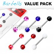 6 Pcs Value Pack of Assorted Color 316L Surgical Steel Barbells with Acrylic Balls