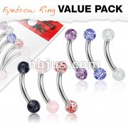 6 Pcs Value Pack Acrylic Color Ultra Glitter Ball 316L Surgical Steel Eyebrow Curve Ring