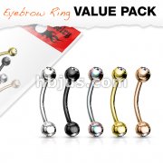 5 Pcs Value Pack Press Fit Gemmed Balls Titanium IP Over 316L Surgical Steel Eyebrow Curve Ring