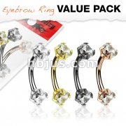 4 Pcs Value Pack Prong Set Clear CZ Internally Threaded 316L Surgical Steel Eyebrow Curve Ring