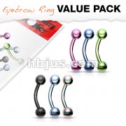 6 Pcs Value Pack Titanium IP Over 316L Surgical Steel Eyebrow Curve Ring