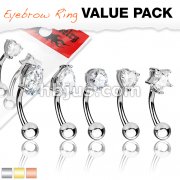 5 Pcs Value Pack Basic Shapes CZ Prong Set Top 316L Surgical Steel Eyebrow Rings/ Curved Barbells