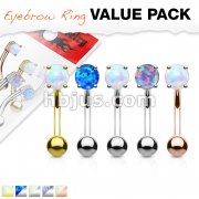 5 Pcs Value Pack Opal Prong Set Top 316L Surgical Steel Eyebrow Rings/ Curved Barbells