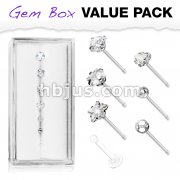7 Pcs Pre Loaded Essential 316L Surgical Steel Nose Stud Rings Gem Box Package