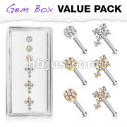 6 Pcs of CZ Cross and CZ Flower with Double Tiered CZ Center Top 316L Surgical Steel 20 Gauge Nose Stud Rings Gem Box Package