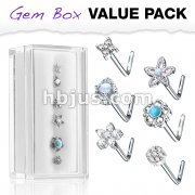 6 Pcs Pre Loaded Assorted L Bend 316L Surgical Steel Nose Stud Rings Gem Box Package