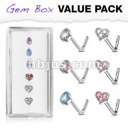 6 Pcs of Tear Drop CZ and CZ Set Heart Top 316L Surgical Steel L Bend Nose Stud Rings Gem Box Package