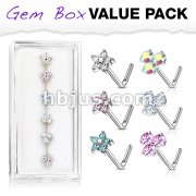 6 Pcs of CZ Flower and 3 Prong Set CZ Top 316L Surgical Steel L Bend Nose Stud Rings Gem Box Package
