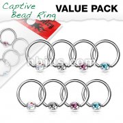Value Pack 4 Pairs Annealed 316L Surgical Steel Captive Bead Rings with Crystal Set Ball