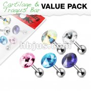 5 Pcs Value Pack of Assorted 316L Surgical Steel Pointed Crystal Cartilage/Tragus Barbell