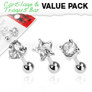 3 Pcs Value Pack of Assorted 316L Surgical Steel Clear CZ Prong Tragus/Cartilage Piercing Stud