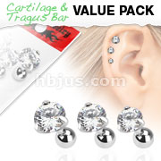 3 Pcs Value Pack of Assorted 316L Tragus Bar with Clear Round Gem Top