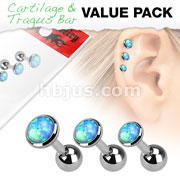 3 Pcs Value Pack 316L Surgical Steel Cartilage Barbells with Opal Set Top